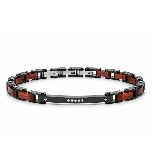 REGIO HOLZ MAHAGONI von UNIQAL – Armband aus schwarzem Edelstahl mit mahagonifarbenen Holzeinsätzen und fünf Zirkonia auf weißem Hintergrund.