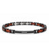 REGIO HOLZ MAHAGONI von UNIQAL – Armband aus schwarzem Edelstahl mit mahagonifarbenen Holzeinsätzen und fünf Zirkonia auf weißem Hintergrund.