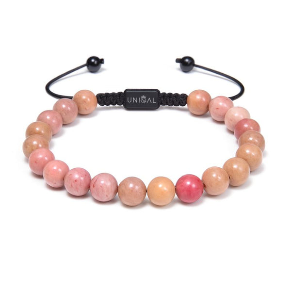 Uniqal Rhodonit Edelsteinarmband mit 8 mm Natursteinen – handgefertigtes Makramee Schmuckstück für innere Ruhe und Balance.