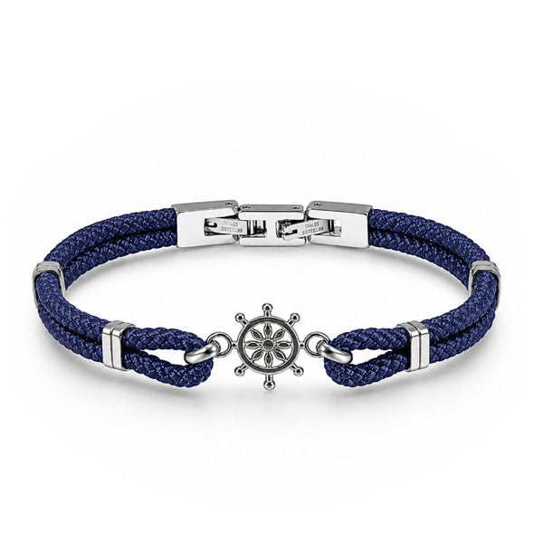 UNIQAL RHODOS: dunkelblaues doppeltes Tauarmband mit silberfarbenem Steuerrad und Verschluss auf weißem Hintergrund.