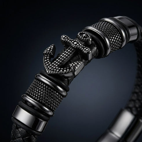 BLACK ADVENTURE Herren Lederarmband mit schwarzer Ankerverzierung und glänzenden Metallelementen