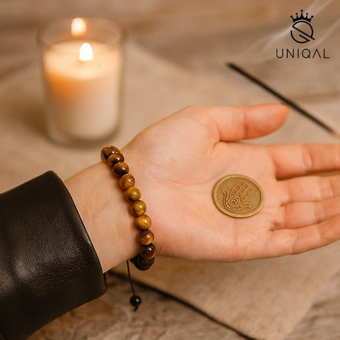 Spirituelles Tigerauge-Armband als Geschenkidee – getragen am Handgelenk bei Kerzenschein