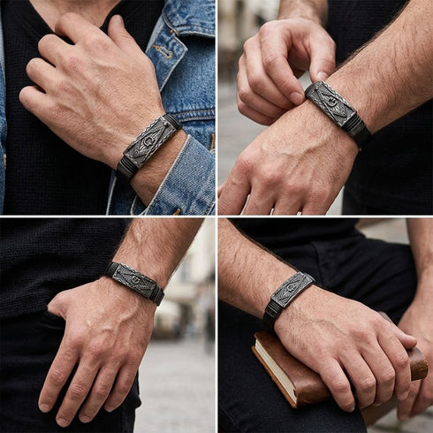TOTEM BLACK Herrenarmband mit Freimaurer Symbol – schwarzes Lederarmband mit Zirkel und G, getragen im Alltag, Uniqal
