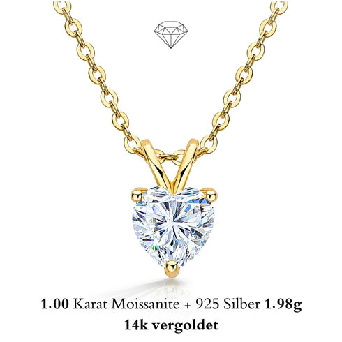 UNIQAL AMORA Gold Herz Collier mit 1 Karat Moissanit, 925 Silber vergoldet und romantischer Luxus-Ausstrahlung.