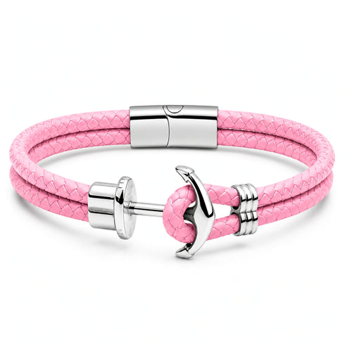 UNIQAL ANTIGUA Lederarmband in Zartrosa mit Anker aus Edelstahl – maritimes Armband aus Premium Leder mit Magnetverschluss und gravierbarer Schließe.