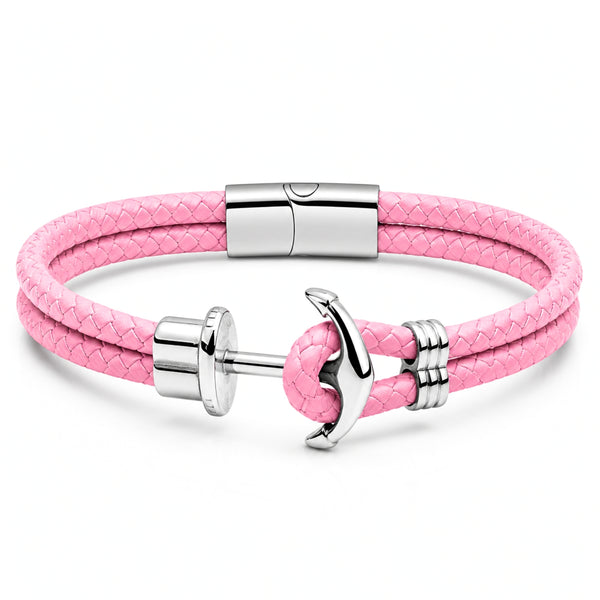 UNIQAL ANTIGUA Lederarmband in Zartrosa mit Anker aus Edelstahl – maritimes Armband aus Premium Leder mit Magnetverschluss und gravierbarer Schließe.