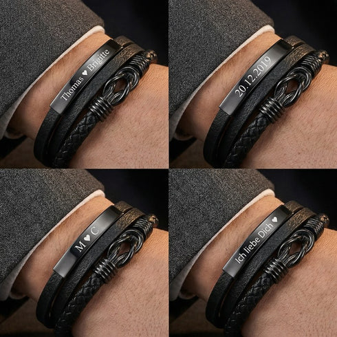 Uniqal APERION Lederarmband Detail, schwarzes Leder mit Infinity-Symbol, zeitlos