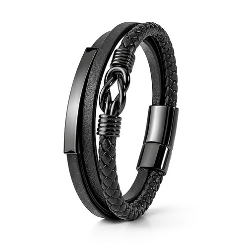 Uniqal APErion Lederarmband in Schwarz mit Gravurplatte, Edelstahl und geflochtenem Design, personalisierbar für Herren