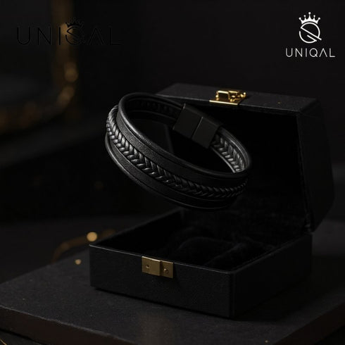 Uniqal Geschenkidee – schwarzes Lederarmband mit luxuriösen roten Boxen für besondere Anlässe