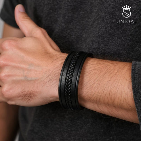 Uniqal handgefertigtes Armband – Kombination aus geflochtenem Leder & mattem Edelstahl