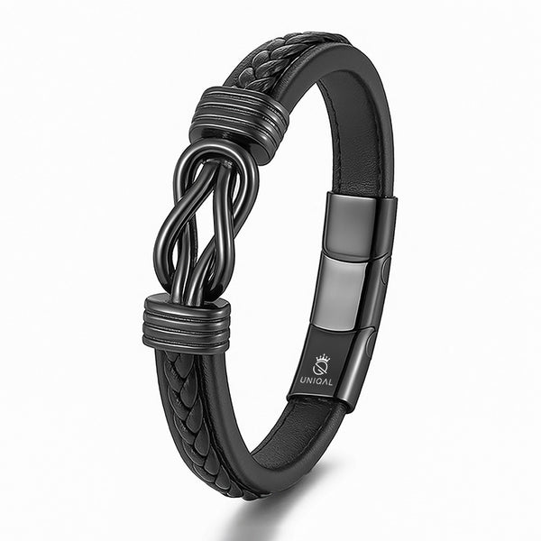 Schwarzes Uniqal Lederarmband mit Infinity-Element aus Edelstahl – Symbol für Stärke, Verbindung und Stilbewusstsein.