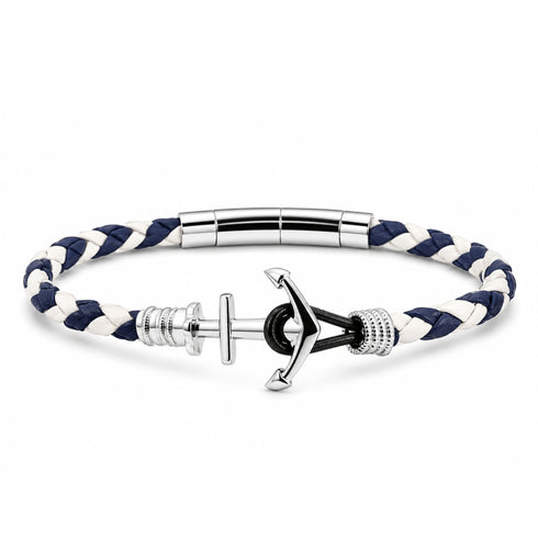 UNIQAL ARUBA Lederarmband aus geflochtenem Premiumleder in Dunkelblau und Weiß mit filigranem Anker und Sicherheitsverschluss aus Edelstahl.