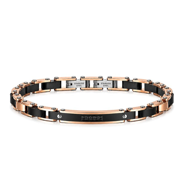 UNIQAL AURORA HOLZ BLACK Premium Armband aus Edelstahl, schwarzem Naturholz, Roségold und schwarzen Zirkonia.