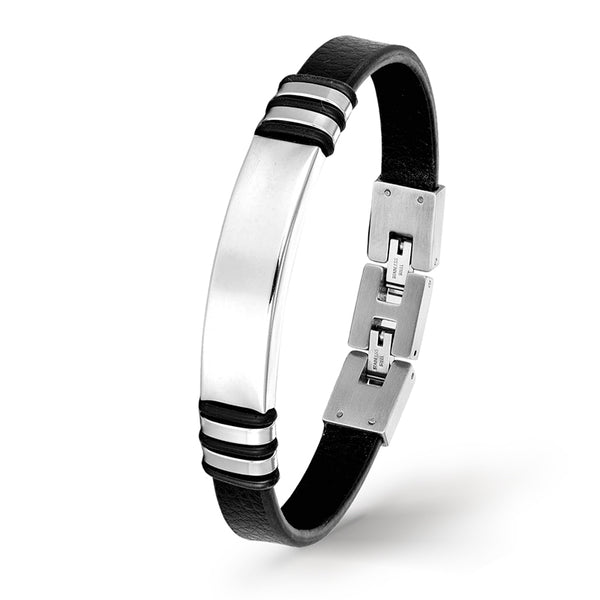 UNIQAL BLACK JACK Herrenarmband aus schwarzem Leder mit gravierbarer Edelstahlplatte