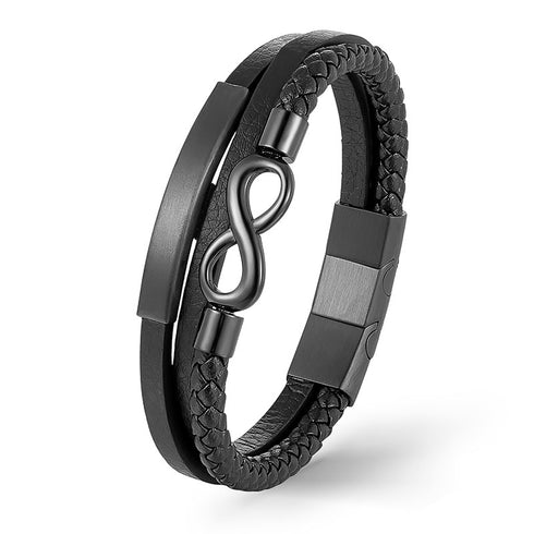 Uniqal BLACK LOOM Infinity Lederarmband am Handgelenk getragen, Symbol für ewige Verbundenheit in schwarzem Design
