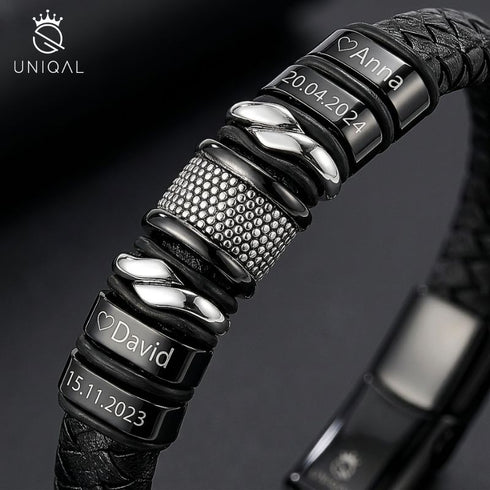 UNIQAL BLACK MAMBA Lederarmband mit individueller Namensgravur, hochwertigen Edelstahlelementen und Magnetverschluss