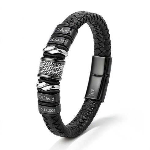 UNIQAL BLACK MAMBA Gravur Armband aus echtem Leder mit bis zu vier Namen als persönliches Geschenk für Männer und Väter