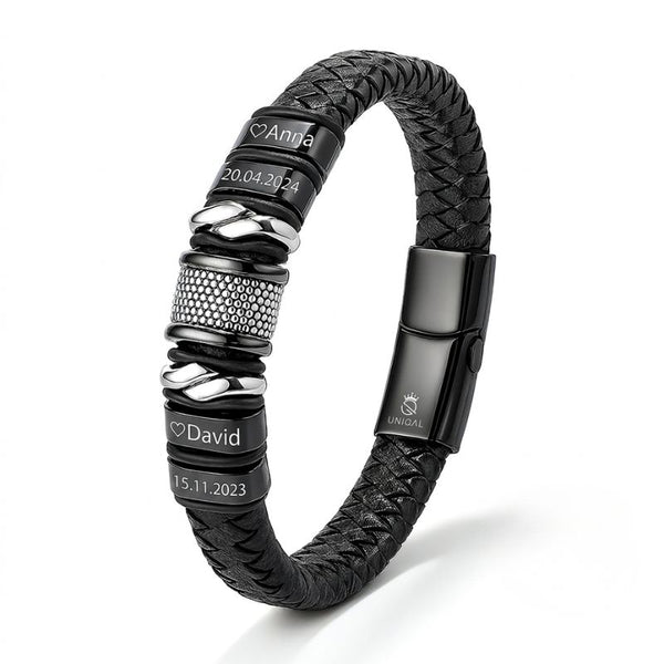 UNIQAL BLACK MAMBA Gravur Armband aus echtem Leder mit bis zu vier Namen als persönliches Geschenk für Männer und Väter