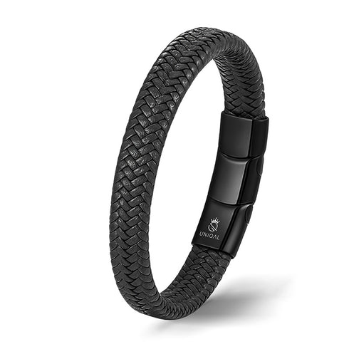 Uniqal Black Panther Herrenarmband – handgefertigtes Armband aus geflochtenem Echtleder mit mattschwarzem Magnetverschluss, Ausdruck von Stärke, Stil und Charakter. Perfekt für Männer, die Qualität und Understatement schätzen.