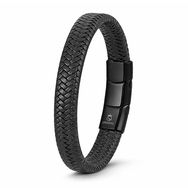 Geflochtenes Echtlederarmband in Schwarz mit magnetischem Edelstahlverschluss, gravierbar