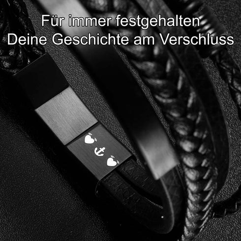BLACK SHAPE Gravurdetail auf dem Edelstahlverschluss – personalisierbares Lederarmband mit individueller Botschaft