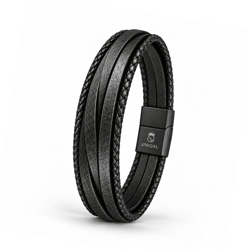 Uniqal BLACKY Herrenarmband – schwarzes mehrreihiges Lederarmband mit geflochtenen Details und modernem Magnetverschluss.