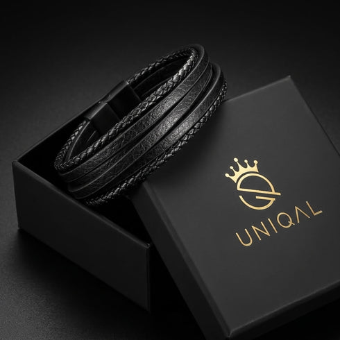 Uniqal BLACKY Herrenarmband – schwarzes mehrreihiges Lederarmband mit geflochtenen Details und modernem Design.