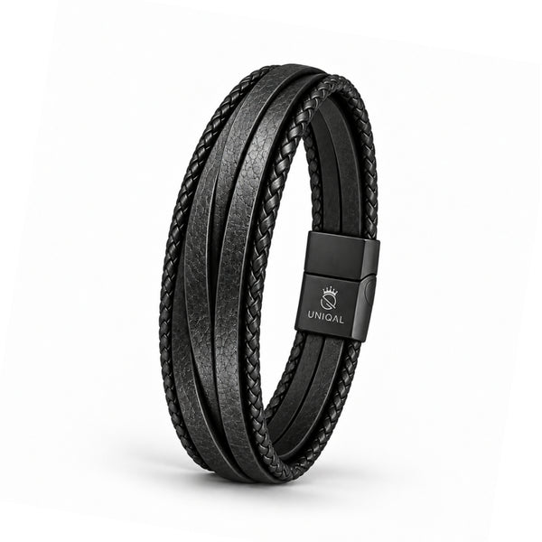 Uniqal BOLD Herrenarmband – schwarzes mehrreihiges Lederarmband mit geflochtenen Details und modernem Magnetverschluss.