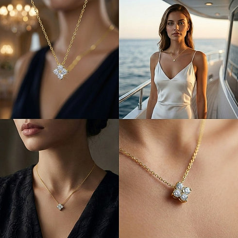 UNIQAL Model trägt vergoldete Moissanit Blütenkette bei elegantem Abendlook und Sonnenlicht