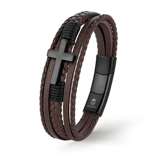 Uniqal BROWN HEAVEN Lederarmband in Braun mit schwarzem Edelstahlkreuz, klares Produktbild auf hellem Hintergrund
