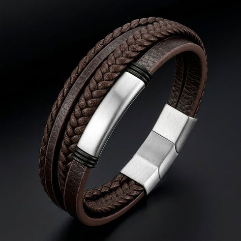 Uniqal BROWN OLIVE Armband für Männer – modernes mehrreihiges Herrenaccessoire mit braunem Flechtdesign und gebürsteten Metallelementen.