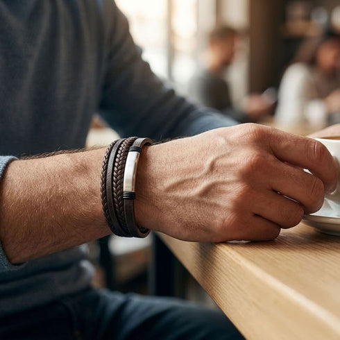 Uniqal BROWN OLIVE Herrenarmband – stilvolles braunes Lederarmband mit geflochtenen Elementen für Freizeit, Café und moderne Alltagslooks.