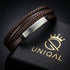 Uniqal BROWN OLIVE Herrenarmband – stilvolles mehrreihiges Lederarmband in Braun mit geflochtenen Elementen und eleganter Metallplatte.