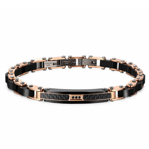 UNIQAL CARBONE Herrenarmband mit Carbonfaser, natürlichen Holzelementen und roségoldfarbenem Edelstahl in einer exklusiven Frontansicht, modernes Designarmband mit schwarzer Mittelplatte und eleganten Zirkonia-Akzenten