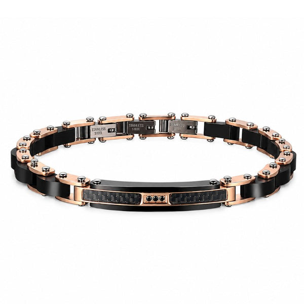 UNIQAL CARBONE Herrenarmband mit Carbonfaser, natürlichen Holzelementen und roségoldfarbenem Edelstahl in einer exklusiven Frontansicht, modernes Designarmband mit schwarzer Mittelplatte und eleganten Zirkonia-Akzenten
