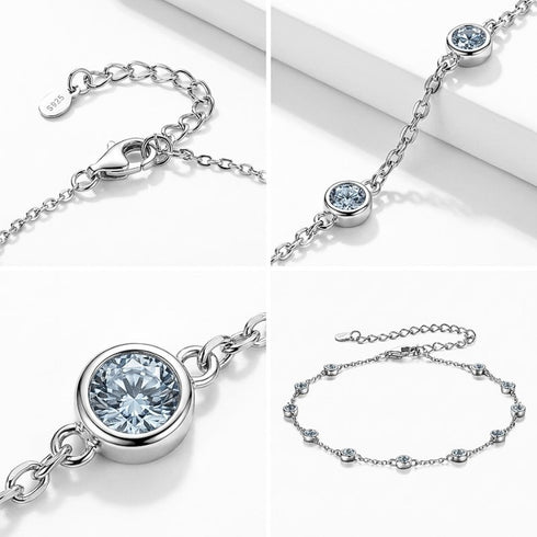 Detailaufnahme eines CELESTA Moissanit Schmuckarmbands mit brillant geschliffenen Steinen entlang der feinen Silberkette mit Personalisierungsoption