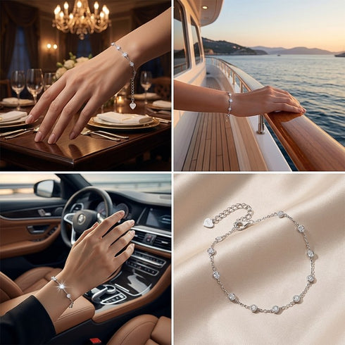 CELESTA Moissanit Schmuckarmband in verschiedenen Alltagssituationen getragen, eleganter Damenschmuck mit Möglichkeit zur Personalisierung