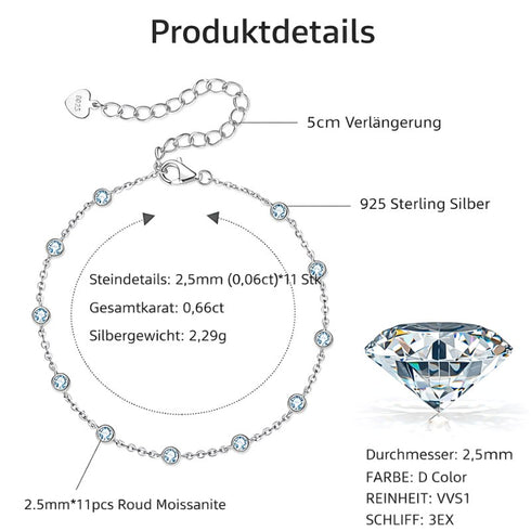Produktdetails des CELESTA Moissanit Armbands mit Karatangaben, Sterling Silber und GRA Zertifikat sowie gravierbarem Herzanhänger
