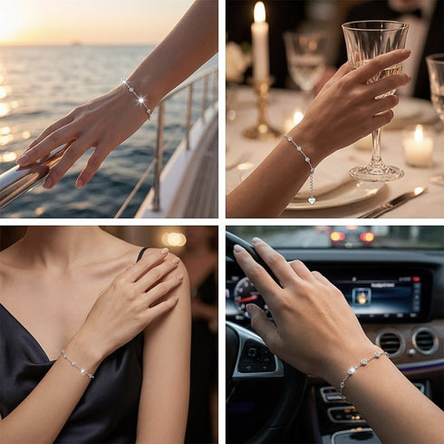 Feines Moissanit Armband am Handgelenk auf einer Terrasse getragen, stilvoller Silberschmuck mit personalisierbarem Herzdetail