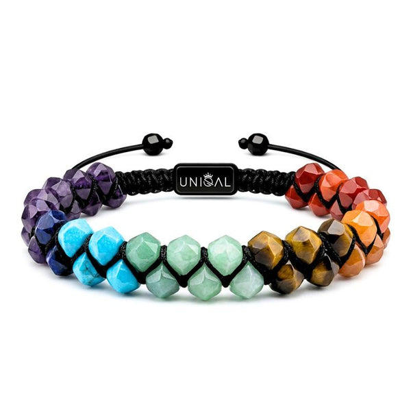 Zweireihiges Chakra Edelsteinarmband mit 7 Natursteinen für Damen und Herren unisex mit verstellbarem Makrameeverschluss und Gravur möglich