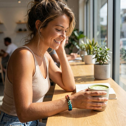 Uniqal Chakra Energy Edelsteinarmband getragen in ruhigem Moment – Edelsteine, Balance, weiche Farbverläufe