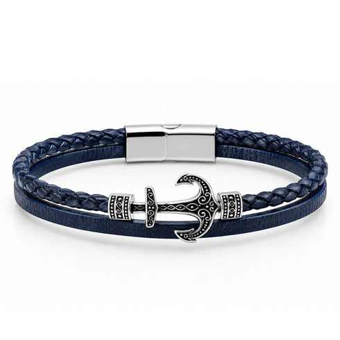 UNIQAL CORSICA Lederarmband in Dunkelblau mit silbernem Edelstahlanker, geflochtenem Leder und gravierbarem Magnetverschluss.