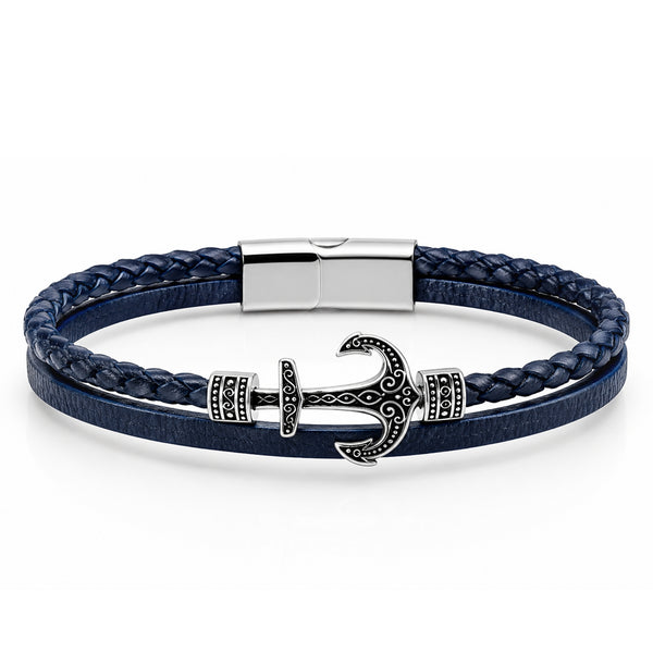UNIQAL CORSICA Lederarmband in Dunkelblau mit silbernem Edelstahlanker, geflochtenem Leder und gravierbarem Magnetverschluss.