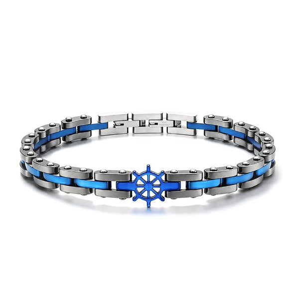 UNIQAL CORSO BLAU Edelstahl Armband mit Hämatit und blauem Steuerrad in Silber, Blau und Anthrazit auf weißem Hintergrund