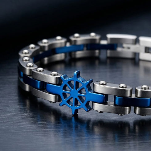UNIQAL CORSO BLAU Hämatit Armband mit blauem Steuerrad – elegante Produktansicht in Silber, Blau und Anthrazit