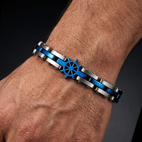 UNIQAL CORSO BLAU Herren Armband am Handgelenk mit blauem Steuerrad, silbernem Edelstahl und anthrazitfarbenem Hämatit