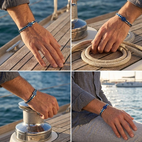 UNIQAL CORSO BLAU Steuerrad Armband in verschiedenen Lifestyle-Aufnahmen am Handgelenk in maritimer Umgebung