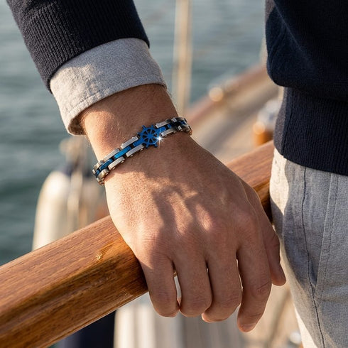 UNIQAL CORSO BLAU Unisex Armband am Handgelenk an der Marina mit blauem Steuerrad aus Edelstahl