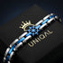 UNIQAL CORSO BLAU Unisex Armband aus Edelstahl und Hämatit auf einer UNIQAL Schmuckbox mit blauem Steuerrad