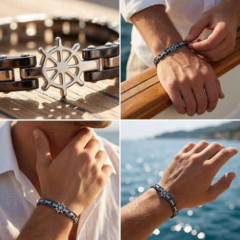 UNIQAL CORSO SILBER Steuerrad Armband als Lifestyle-Collage mit mehreren Ansichten am Handgelenk und in maritimer Umgebung